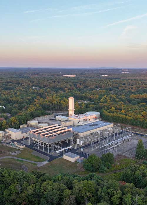 Aerial view of a power plant surrounded by dense forest under a soft sunset sky, with industrial structures and a tall central stack visible.