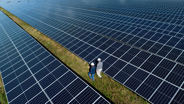 Aerial view of a solar farm with two workers between panel rows.