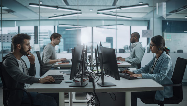 Development team working at computers in a contemporary open office.