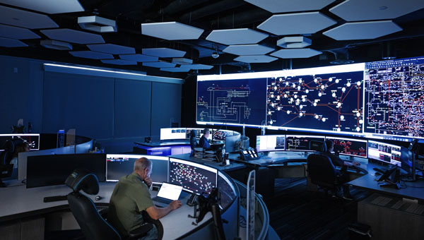 NextEra Energy control room with operators monitoring transmission grid on large wall displays.