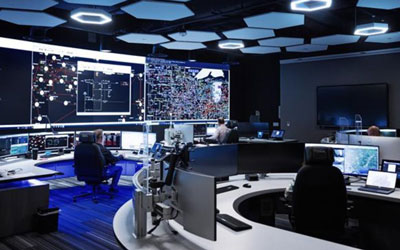 Analysts in a high-tech operations center reviewing live maps and system dashboards.