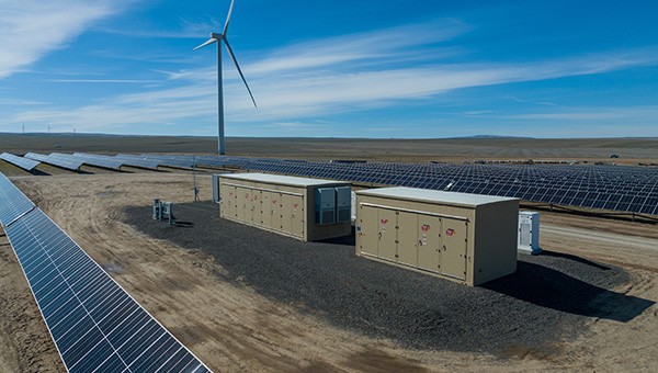Wind turbine on a solar farm