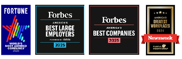 NextEra Energy awards logos: Fortune world's most admired companies, Forbes best America large employer, Forbes best American companies, Newsweek America's great work places.