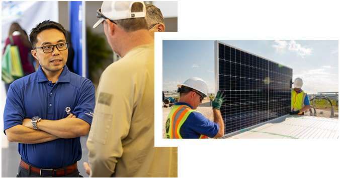 Image collage: NextEra engineers talking and an image of two employees moving a solar panel