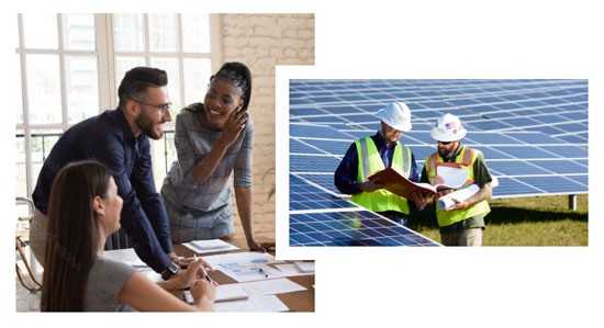 Two images of people in an office leaning over a desk and two NexrEra employees standing by solar panels in a field