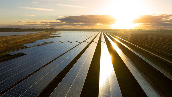 Sunset illuminating a vast solar panel array in a renewable energy farm