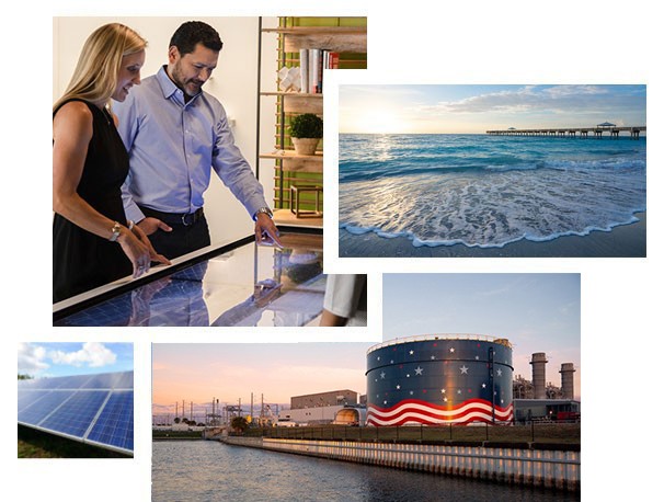 photo collage of juno beach, solar panel, corporate office and natural gas facility